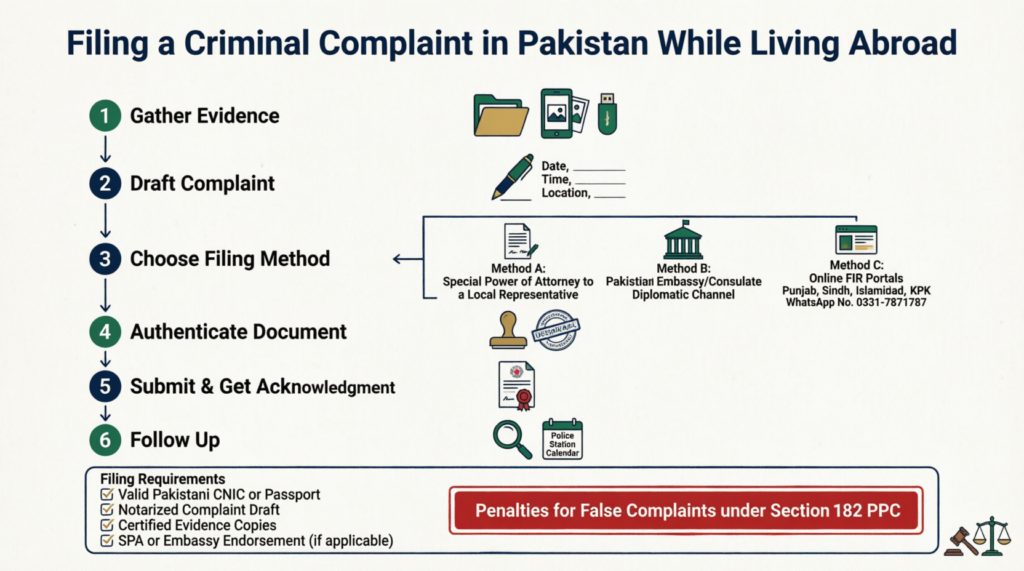 Step-by-step guide for overseas Pakistanis to file a criminal complaint or FIR in Pakistan through a representative, embassy, or online portal.