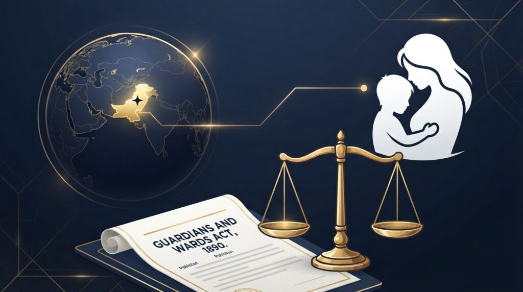 Overseas Pakistani mother and child with globe and legal documents representing child custody under Pakistani law.